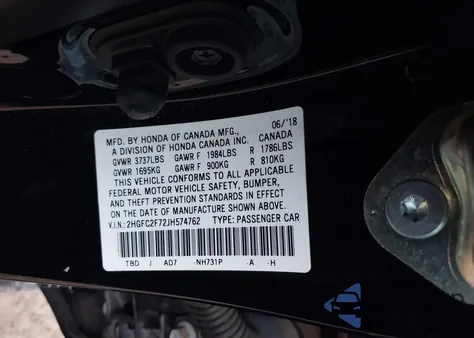 2018 Honda Civic Ex из США, поврежденный, VIN 2HGFC2F72JH574762